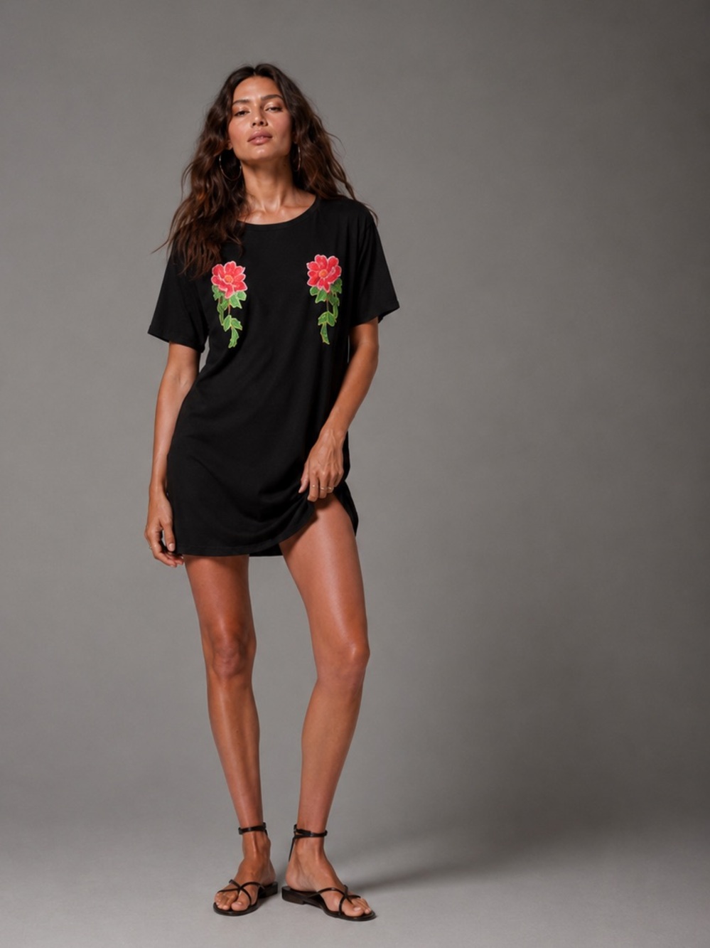 Black Floral Appliqué T-Shirt Dress - Red & Green Flowers